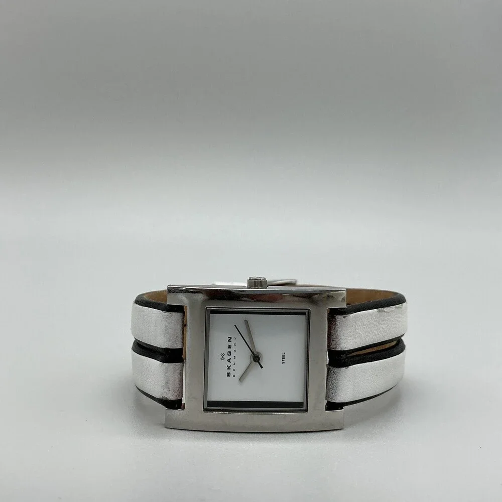 Skagen 228SSLW/8 Womens Watch 25mm White Dial Leather Stainless New Battery